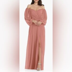 Dessy Collection Convertible Neck Long Sleeve Chiffon Gown - Desert Rose